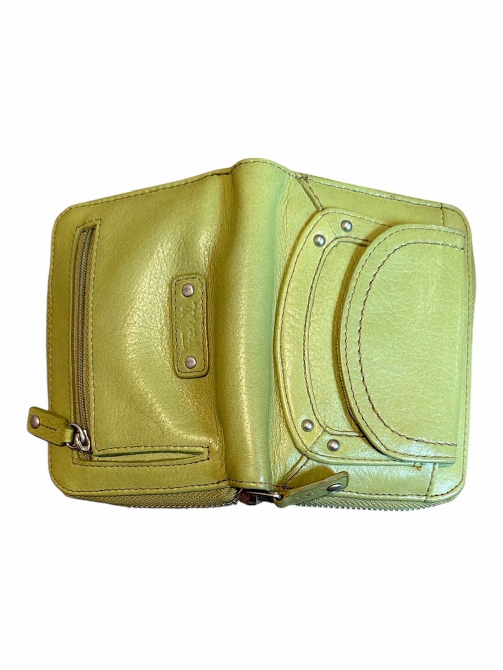Vintage Fossil Avocado Green Leather Zip-Around Wallet with Floral Interior - Picture 6 of 7